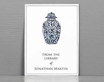 Personalized Bookplate with Blue and White Ginger Jar, Chinoiserie Gift