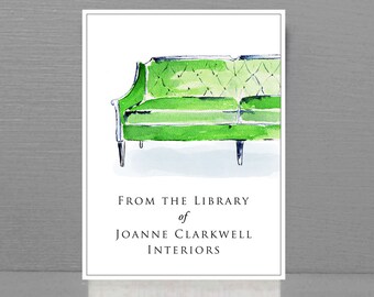 Personalized Bookplate with Green Sofa, Interior Design, Set of 24