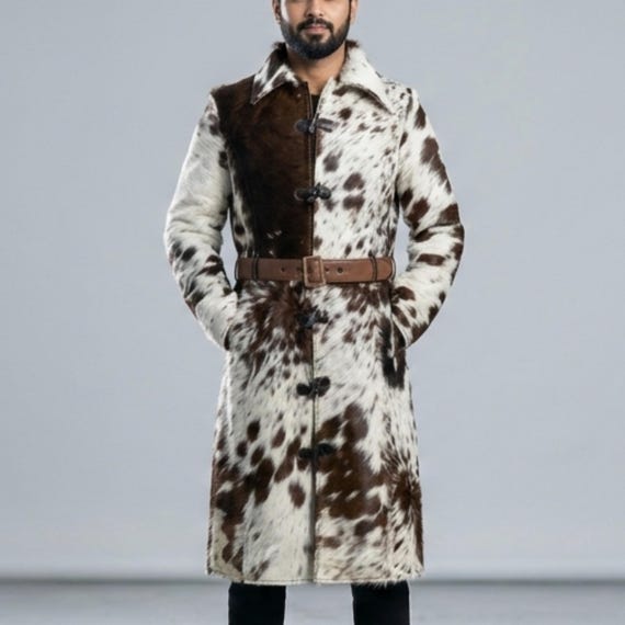 Men's Hair-On Cowhide Trench Coat: Natural Cow Print Leather Jacket