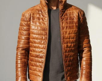 Men’s Quilted Lambskin Puffer Jacket – Waxed Distressed Leather Bubble Coat.