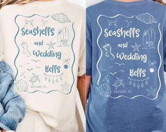 Muscheln & Hochzeitsglocken Brautparty-T-Shirt, Komfortfarben, weiches Küsten-Bachelorette-Shirt, Strandhochzeits-Wochenende Outfit