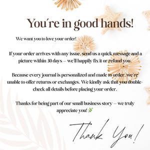 Op de afbeelding: Witte achtergrond met de tekst "You're in good hands!" en "Thank You!". Decoratieve strooien sterren en cirkelvormige ornamenten zijn verspreid rond de tekst. De tekst geeft informatie over het bestelproces en de klantenservice.