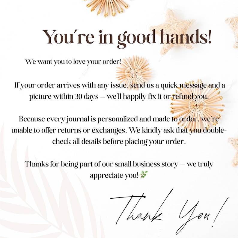 Op de afbeelding: Witte achtergrond met de tekst "You're in good hands!" en "Thank You!". Decoratieve strooien sterren en cirkelvormige ornamenten zijn verspreid rond de tekst. De tekst geeft informatie over het bestelproces en de klantenservice.