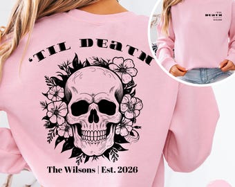 Camisa gótica de boda "Hasta la muerte", camiseta personalizada de despedida de soltera "Novia o muere", camisa de esqueleto para fiesta nupcial, top personalizado para la fecha de la boda