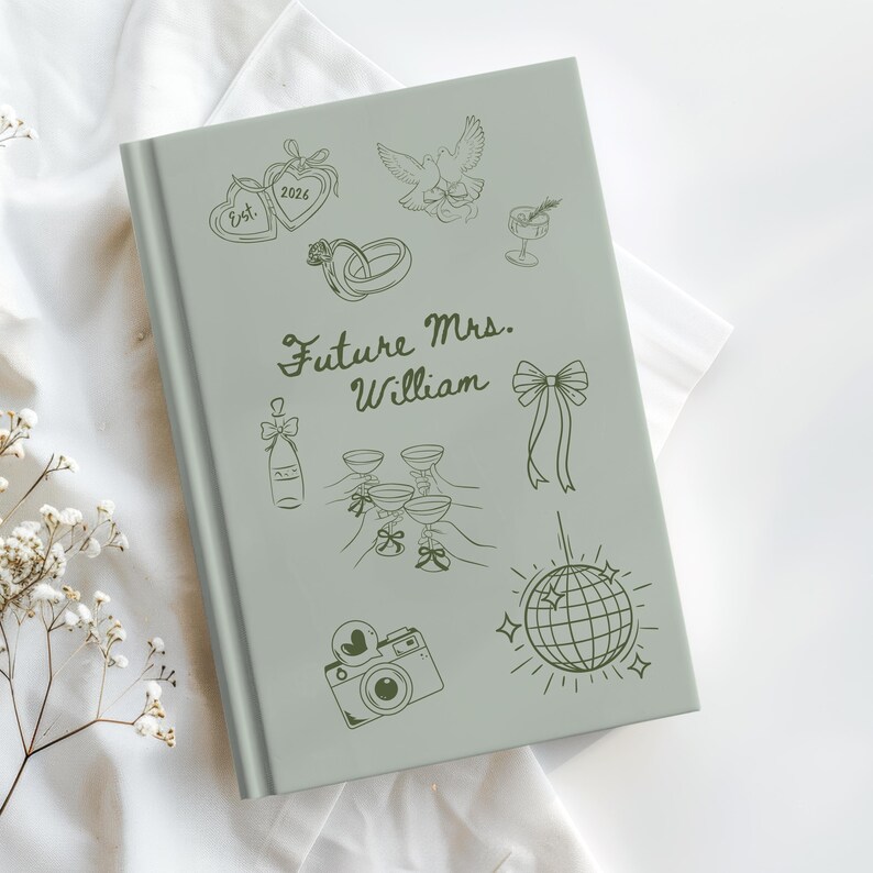 Op de afbeelding: Een lichtgroen trouwgastboek met lijntekeningen van een duif, champagneglazen en een discobal. De woorden "Future Mrs. William" zijn geschreven in een sierlijk lettertype.