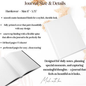 Op de afbeelding: Een wit hardcover journaal, 20,3 cm x 14,6 cm groot, met gelinieerde pagina's. Het journaal heeft een gladde, mat gelamineerde afwerking, casewrap binding en geperforeerde pagina's. Tekst op de afbeelding luidt "Journal Size & Details" en "Designed for daily notes, planning special moments, and capturing meaningful thoughts".