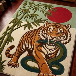 May include: A rectangular area rug featuring a tufted design of a tiger holding a green snake in its mouth. The background includes green bamboo stalks and a large red circle against a cream and light green field, rendered in a textured pile.