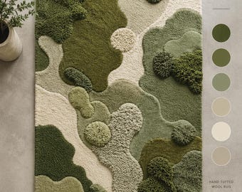 Moss Green Hand Tufted Wool Rug, Irregular Abstract Area Rug, Modern Organic Shape Carpet, Luxury Textured Rug, Living Room Bedroom Decor