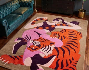 Hand-tufted Wool Rug, Abstract Woman Tiger Art, Bold Statement Carpet, Colorful Living Room Decor