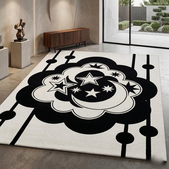 Modern Celestial Hand-Tufted Rug – Black & White Moon and Stars Design