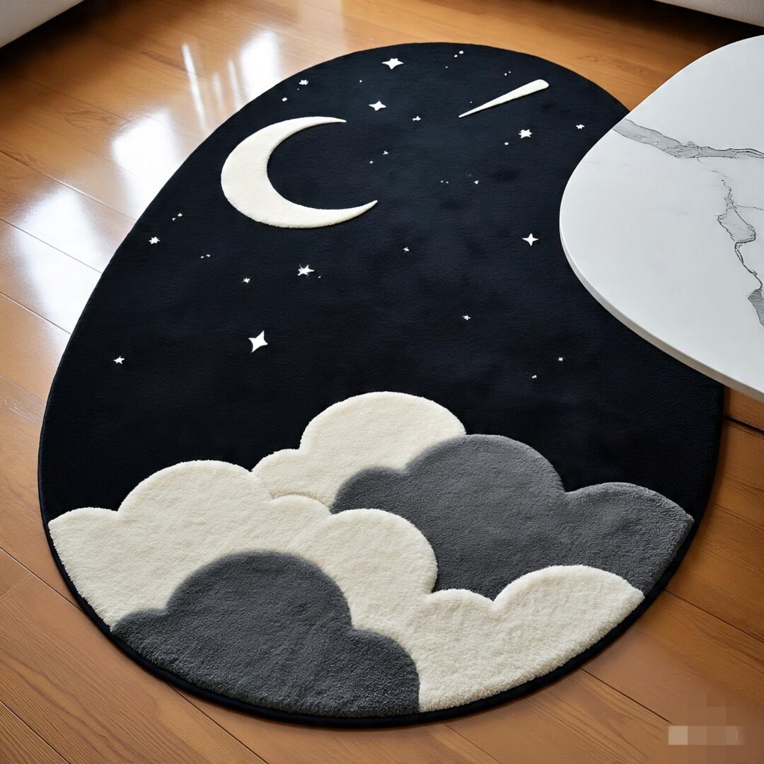 Celestial Oval Rug: Plush Cloud, Moon & Starry Night Design - Etsy