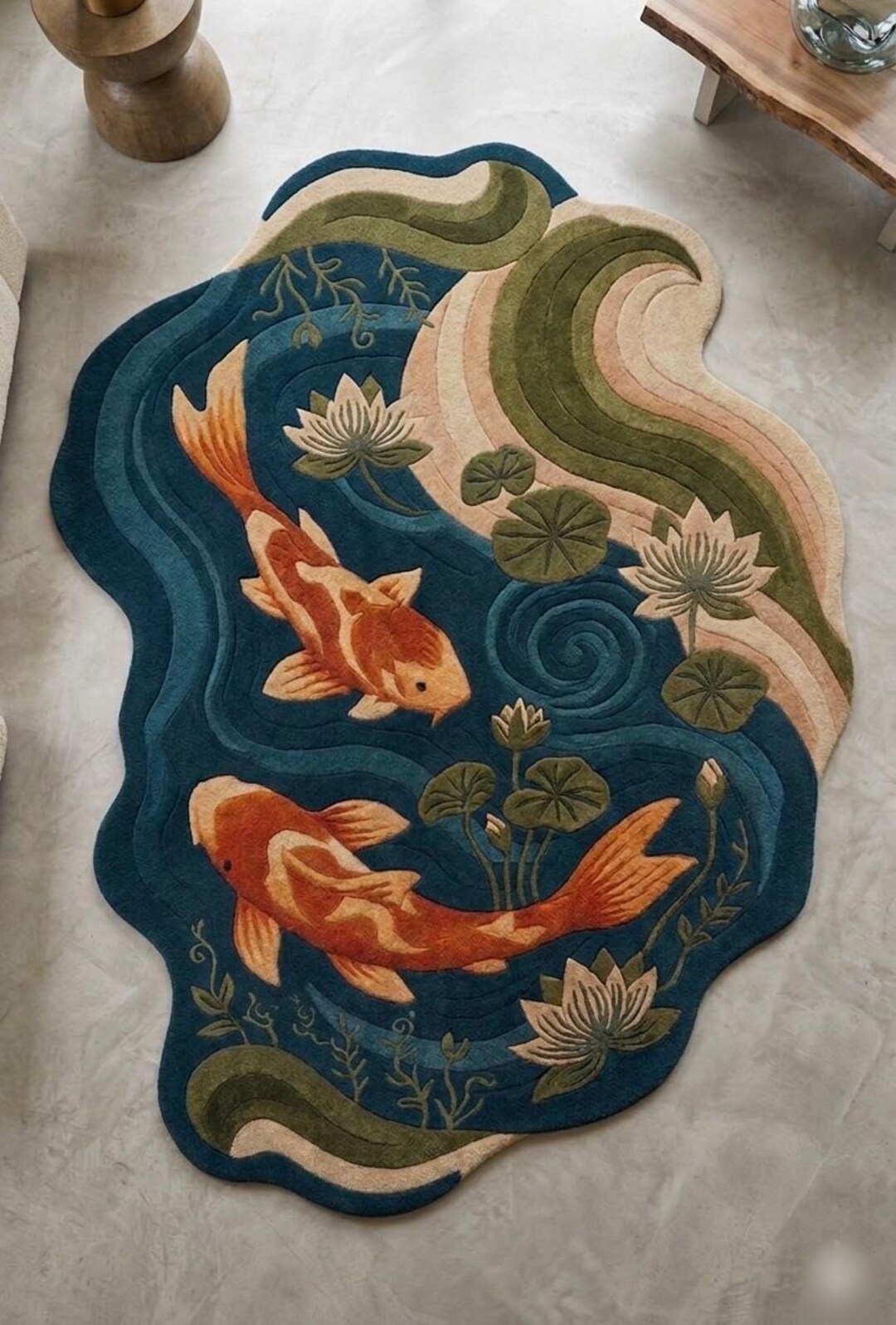 Pond Rug Abstract Hand Tufted Koi Fish Pond Rug, Irregular Shape Wool Carpet, Nature ...