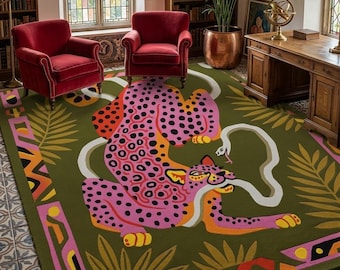 Pink Leopard Rug, Hand Tufted Animal Rug, Modern Jungle Area Rug, Luxury Statement Carpet, Contemporary Living Room Rug,