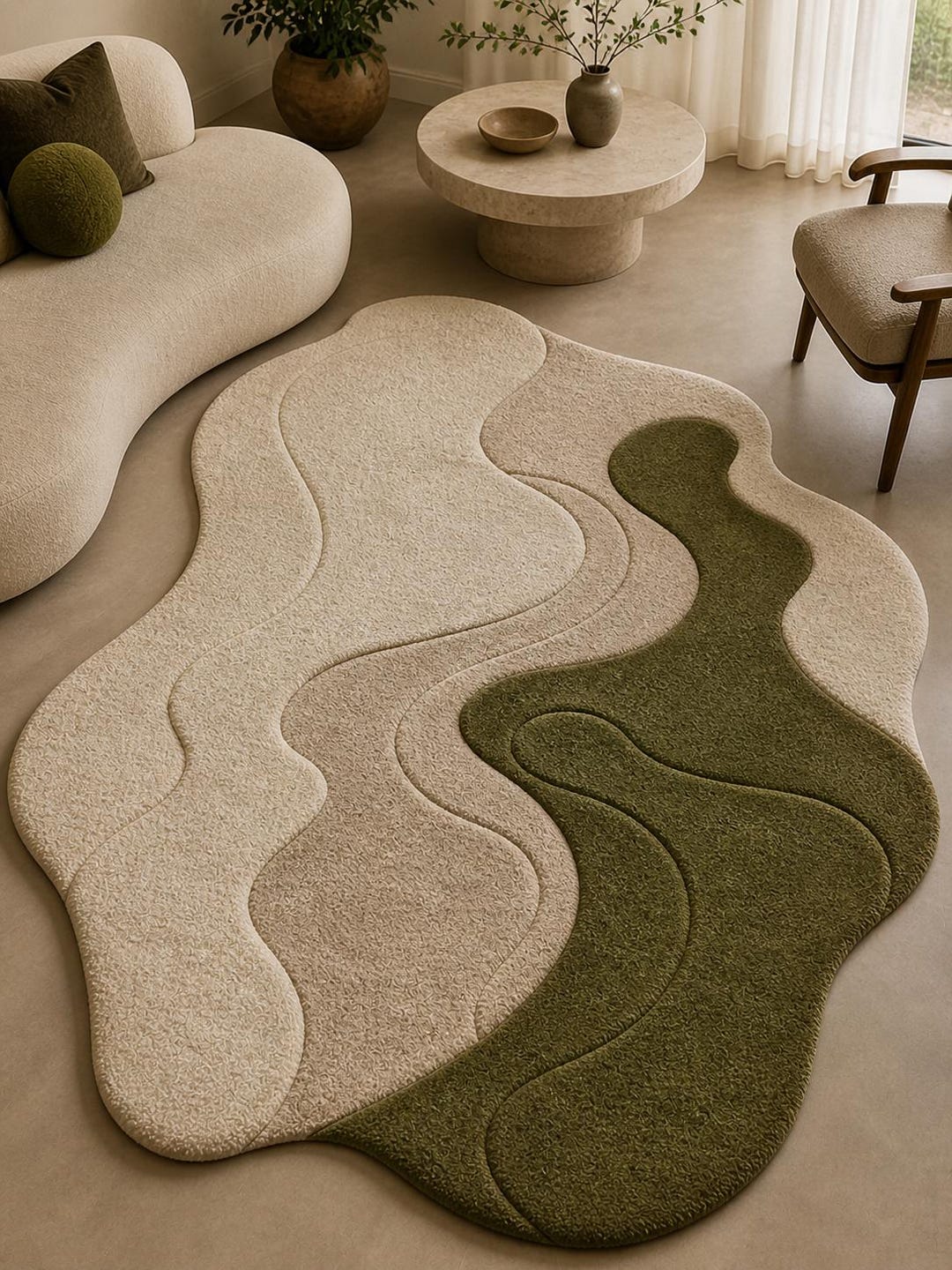 Hand Tufted Wool Rug Irregular Shape Modern Abstract Carpet Neutral ...