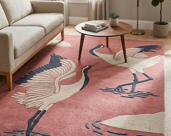 Japanese Crane Rug, Pink Hand Tufted Rug, Bird Area Rug, Luxury Living Room Carpet, Modern Crane Rug, Handmade Wool Accent Rug