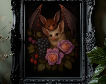 Cute Gothic Bat Art Print | Dark Whimsical Animal Illustration | Moody Fantasy Wall Art | Bats with Roses & Berries | Digital Download Decor