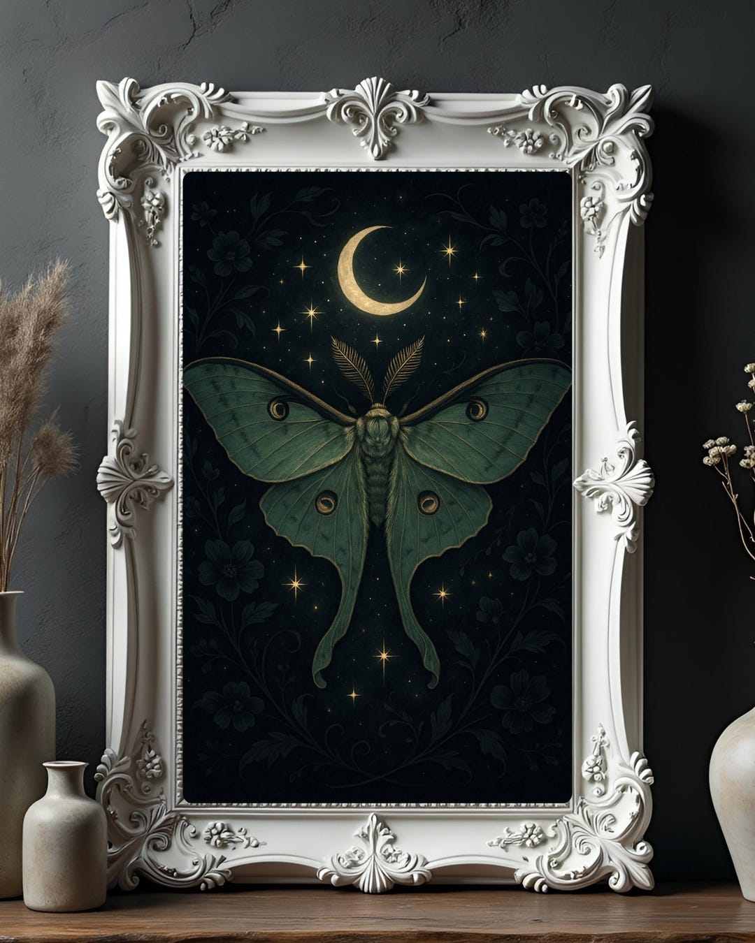 Mystical Luna Moth Art Print | Crescent Moon Wall Decor | Gothic ...