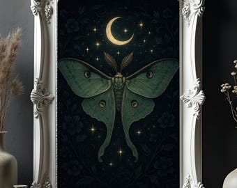 Mystical Luna Moth Art Print | Crescent Moon Wall Decor | Gothic Celestial Artwork | Witchy Dark Academia Print | Moth Illustration Poster