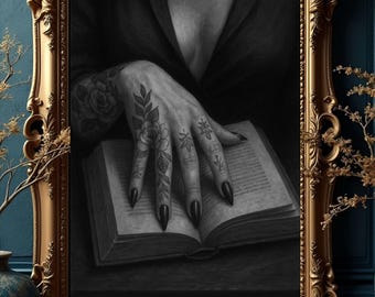 Hand Reading Art Print | Dark Feminine Wall Art | Tattooed Hand with Book Illustration | Witchy Decor | Moody Occult Printable Download