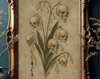 Czaszki z konwalii | Gotycka sztuka kwiatowa z czaszką | Mroczna ilustracja botaniczna | Okultystyczna sztuka ścienna w stylu vintage | Makabryczny wystrój kwiatowy