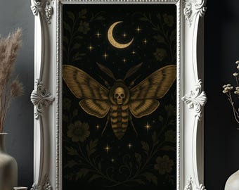 Gothic Death Moth Art Print | Dark Botanical Illustration | Skull Moth Wall Art | Occult Witchy Decor | Moody Vintage Printable Download