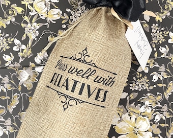 Pairs Well With Relatives, Natural: Reusable, Burlap Wine Bag With Ribbon and Gift Tag