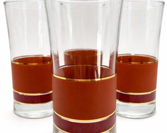 Vintage Mid Century Highball Glasses Set of 4 | Orange Enamel Cocktail Glasses with Gold Trim | Retro Barware | Mad Men Style Bar Glasses