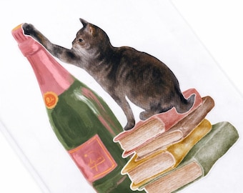 Grey Tabby Champagne Tea Towel – Cat & Cocktail Kitchen Decor