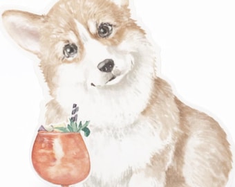 Corgi Citrus Cocktail Vinyl Sticker | Watercolor Dog Cocktail Sticker | Waterproof Glossy Decal