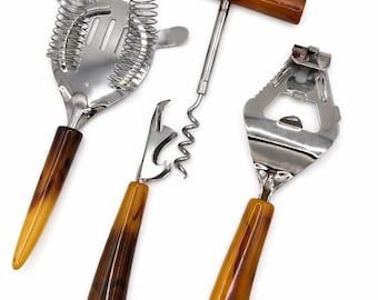 Vintage Bakelite Bar Tools Set | Butterscotch Bakelite Cocktail Tools | Mid Century Barware Strainer Corkscrew Bottle Opener