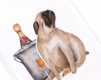 Pug Champagne Tea Towel – Funny Dog & Cocktail Kitchen Decor