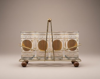 Vintage Mid Century Modern Highball Glasses with Caddy, White Gold Aztec Glasses Set of 8, Retro Cocktail Glasses, Barware