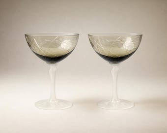 Vintage Etched Coupe Glasses (Set of 2) | Smoked Glass Bowls & Opaline Stems | Mid Century Cocktail Glassware | Elegant Barware