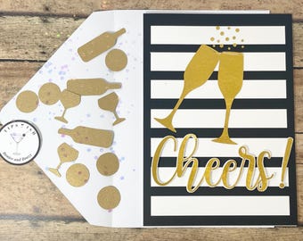 Handmade Cheers Card, Gold Foil Champagne, Cocktail Confetti