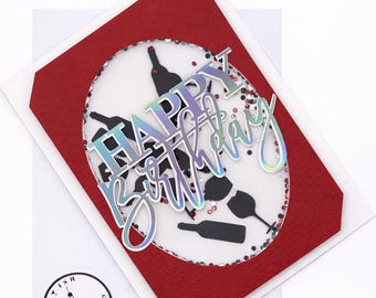 Happy Birthday Shaker Card – Handmade Wine Lover Birthday Card | 3D Iridescent Lettering | Cocktail Confetti Card