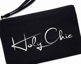Holy Chic Black Canvas Wristlet – Funny Makeup & Accessory Pouch | Modern Script Zip Pouch | Small But Mighty Storage