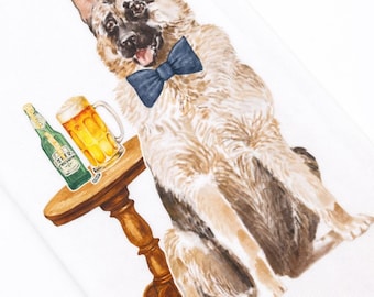 German Shepherd Bar Towel – Dog in Bow Tie with Beer | Funny Kitchen & Bar Decor | Gift for Dog and Cocktail Lovers