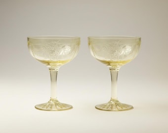Vintage Canary Yellow Coupe Glasses Set of 2, Etched Floral Champagne Coupes, Yellow Depression Glass Style, Bar Cart Glassware