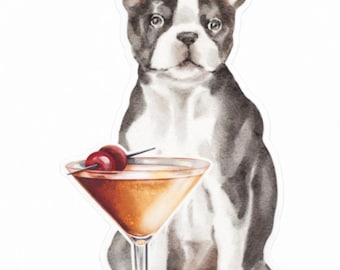 Boston Terrier Ward 8 Cocktail Vinyl Sticker | Watercolor Dog Cocktail Sticker | Waterproof Glossy Decal