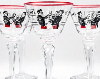 Vintage Libbey Pickwick Cocktail Glasses – Set of 6 | 1950s Barware | Red Rim Mid-Century Glassware