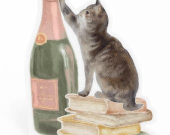 Grey Tabby Cat Champagne Vinyl Sticker | Book Lover Cat Sticker | Cocktail Lover Gift