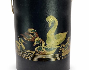 Vintage Couroc Ice Bucket with Birds | Mid Century Modern Barware | Black Gold Cocktail Ice Bucket | Retro Bar Cart Decor
