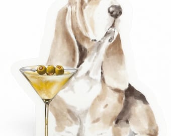 Basset Hound Martini Vinyl Sticker | Watercolor Dog Cocktail Sticker | Waterproof Bar & Pet Lover Decal