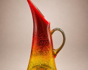 Vintage Kanawha Glass Amberina Swung Pitcher, Crackle Glass Ewer, Mid Century Modern Art Glass, Red Yellow Pitcher, MCM Decor