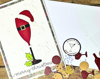 Cheers, Santa Wine Blank Handmade Christmas Card With Cocktail Confetti