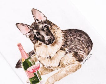 German Shepherd Kitchen & Bar Towel – Dog with Champagne | Funny Dog Decor | Gift for Pet and Cocktail Lovers