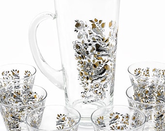 Vintage Psyche Cocktail Set – Mid Century Modern Glass Pitcher & 6 Glasses