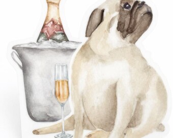 Pug Champagne Vinyl Sticker | Watercolor Dog Cocktail Sticker | Waterproof Glossy Decal