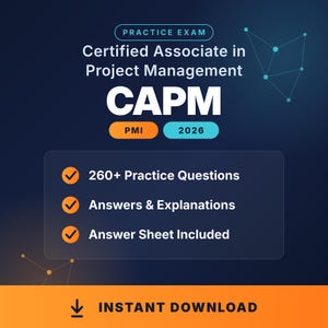 May include: A digital graphic for a Certified Associate in Project Management CAPM practice exam for 2026. It features text including 260+ Practice Questions, Answers & Explanations, and Answer Sheet Included, with an orange instant download button.