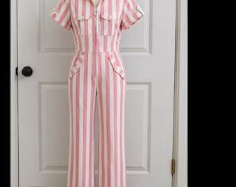 Unique Vintage Pink & White Striped Jumpsuit Sz 4